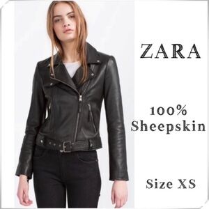 Zara Genuine SheepSkin Leather Moto Biker Jacket In Black Size XS